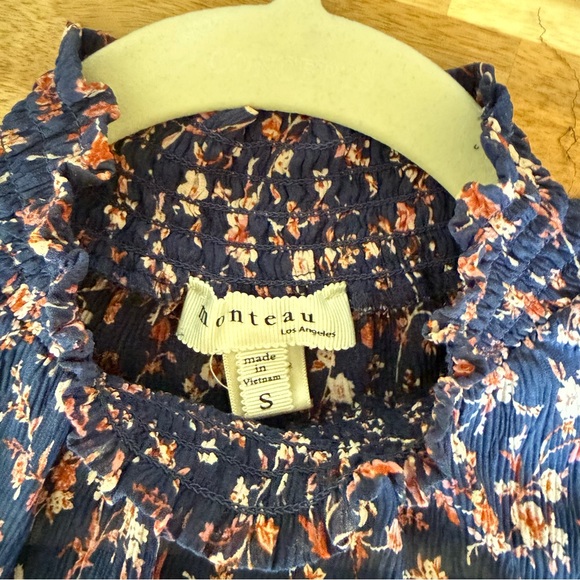 Monteau Los Angeles Navy Ditsy Floral Smocked Neck Top | Size S - Picture 2 of 10